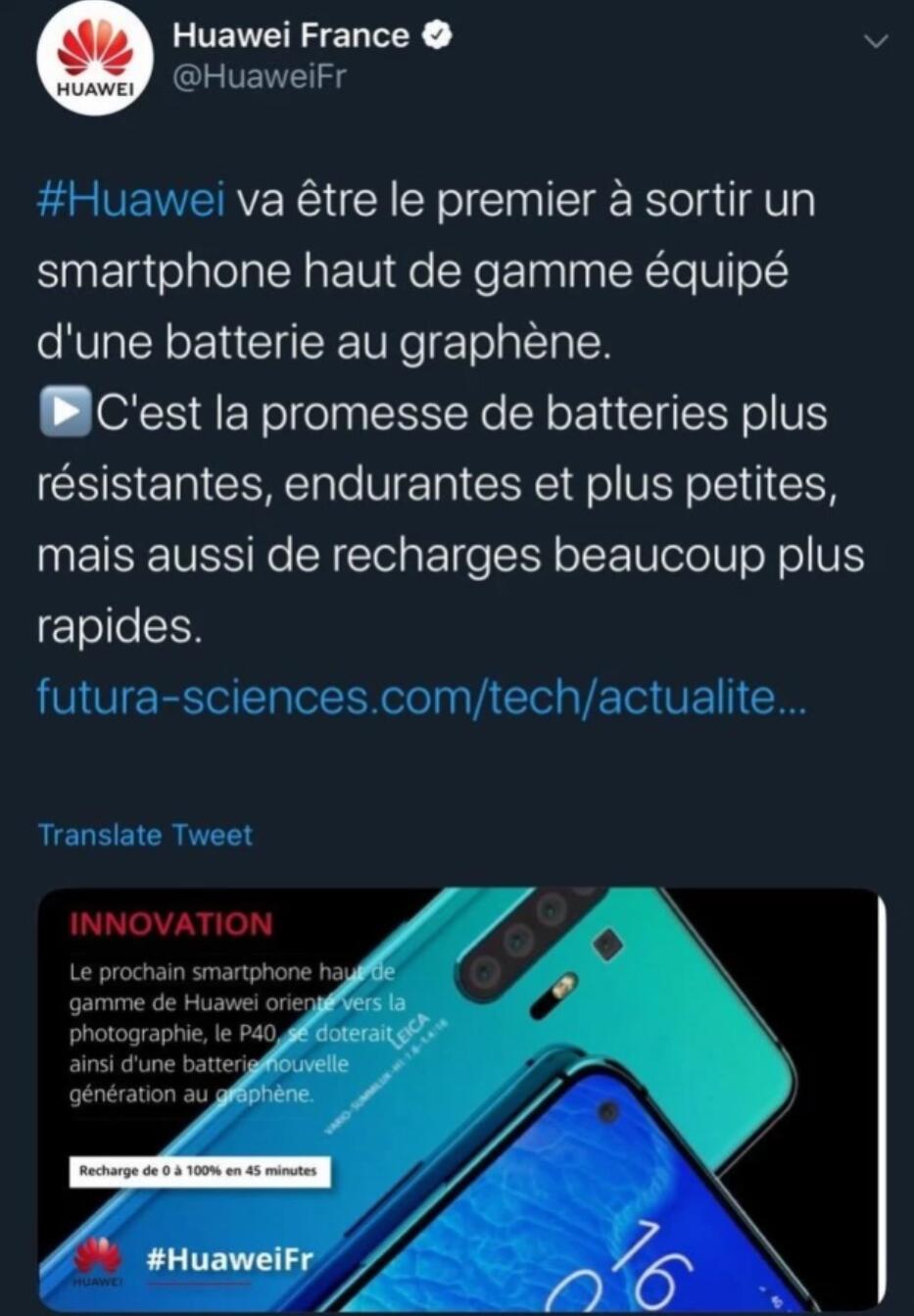 Huawei denies report that P40 smartphones will use graphene batteries-CnTechPost
