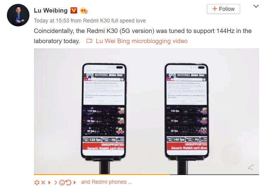 Xiaomi exec says Redmi K30 5G supports 144Hz ultra-high refresh rate-CnTechPost